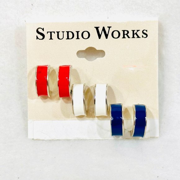 Three Pairs Vintage Studio Works Classic Half Round Enameled Earrings - New - Picture 1 of 4